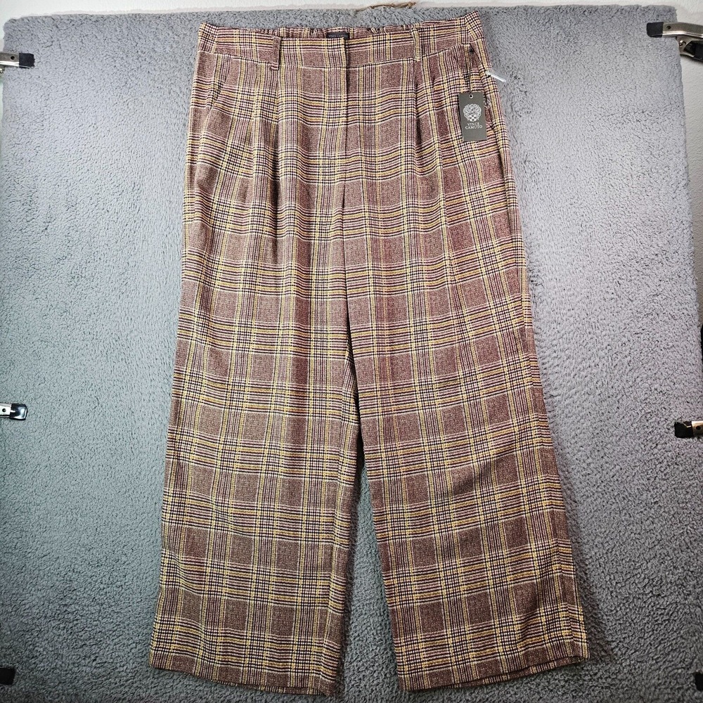 $119 NWT Vince Camuto Wide Leg Dress Pants Women 16 W Elastic Back Plaid NEW